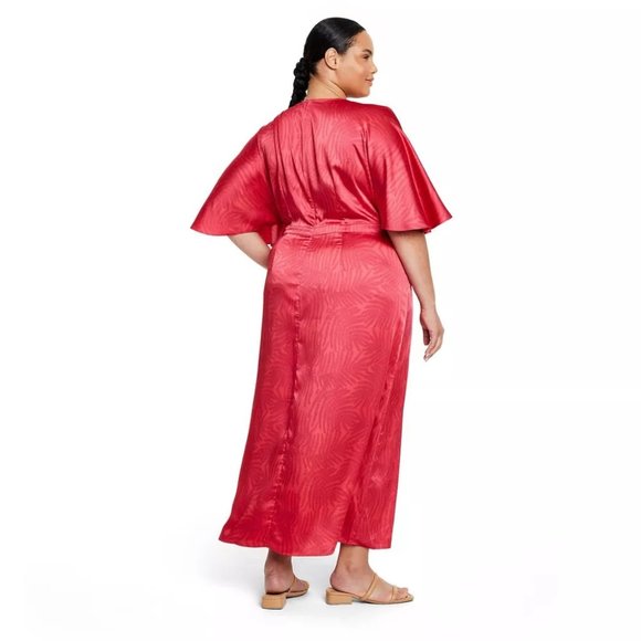 Women's Palm Leaf Contrast Print Exaggerated Flutter Sleeve Maxi Dress - Fe Noel - Picture 1 of 4